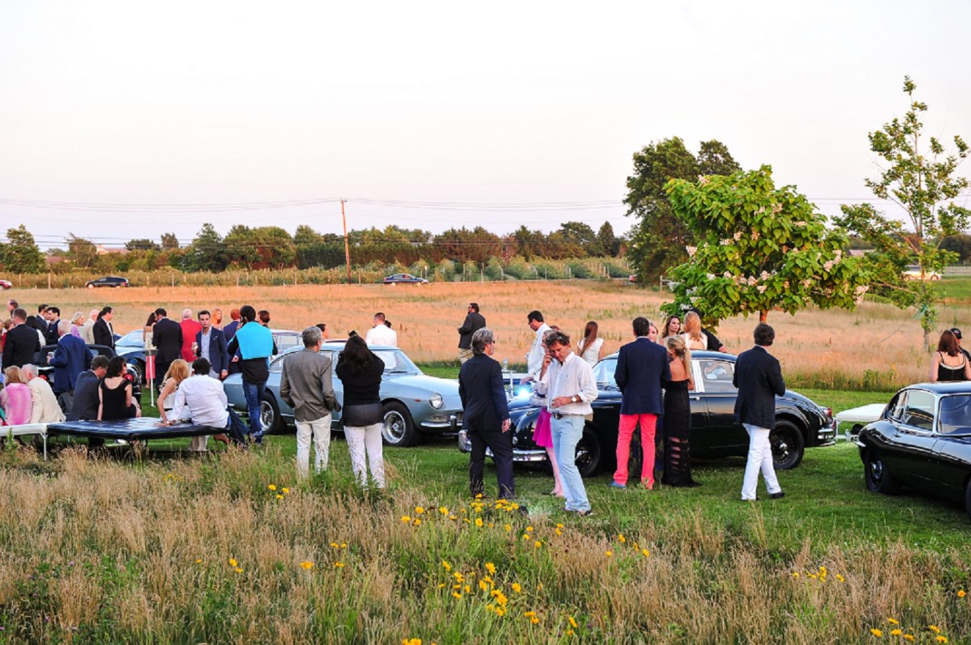 Vintage cars and groups of supporters at the midsummer party